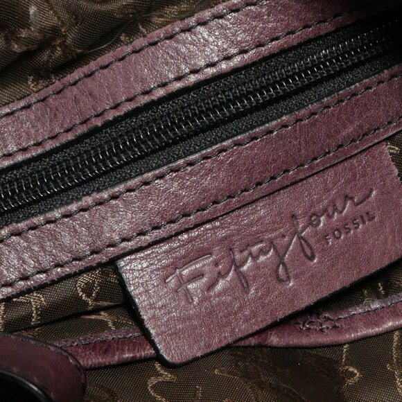 Leather Suede Fossil Fifty Four Shoulder Bag Patchwork Purse Side Zipper Plum - Picture 6 of 12